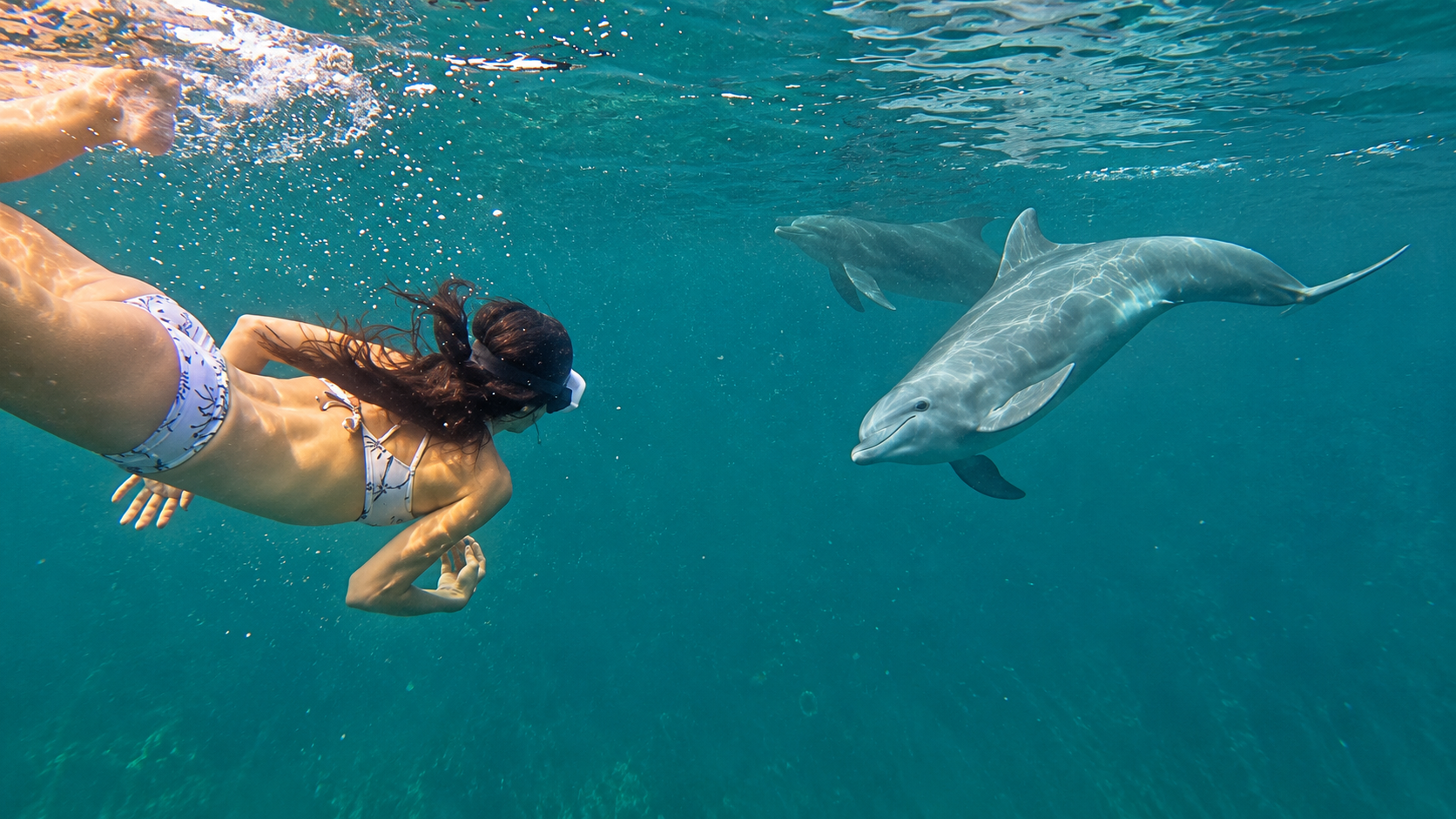 Nanando con delfines en libertad